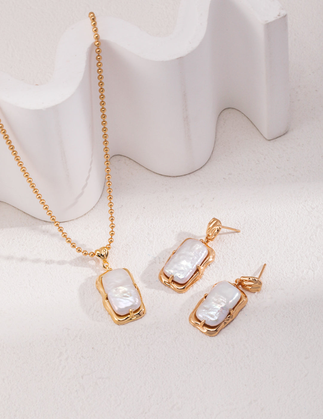 Vintage Gold Pearl Jewelry Set – S925 Sterling Silver Adjustable Necklace & Earrings