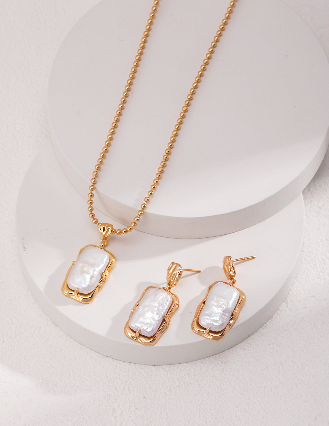 Vintage Gold Pearl Jewelry Set – S925 Sterling Silver Adjustable Necklace & Earrings