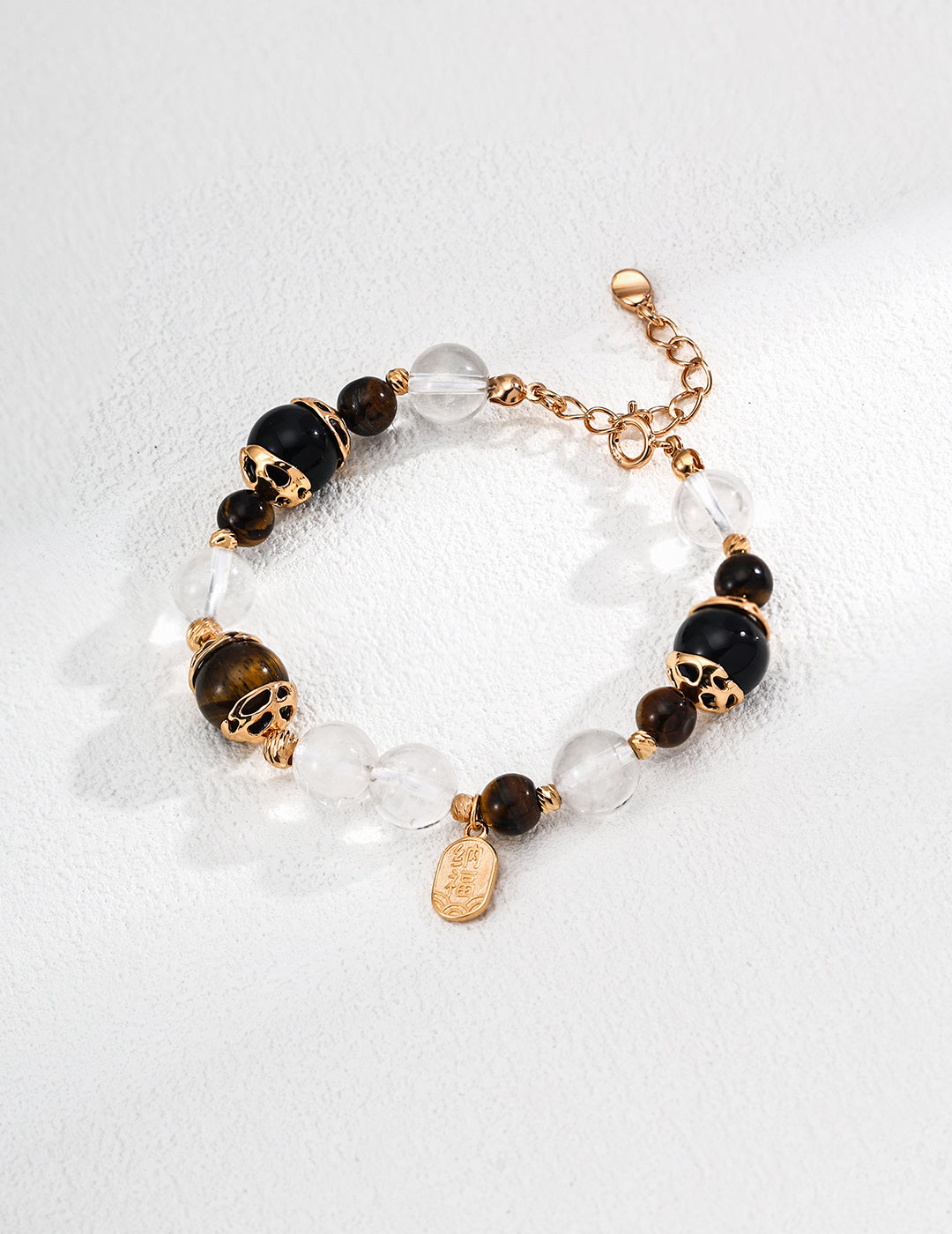 S925 Sterling Silver Tiger Eye Black Agate Crystal Beaded Bracelet