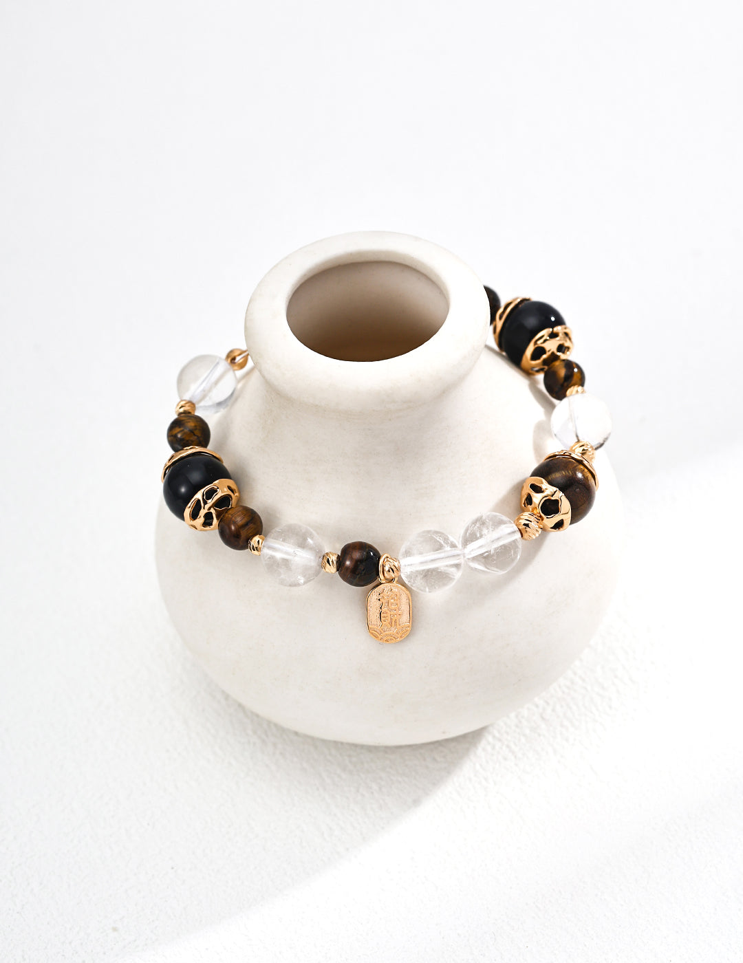 S925 Sterling Silver Tiger Eye Black Agate Crystal Beaded Bracelet