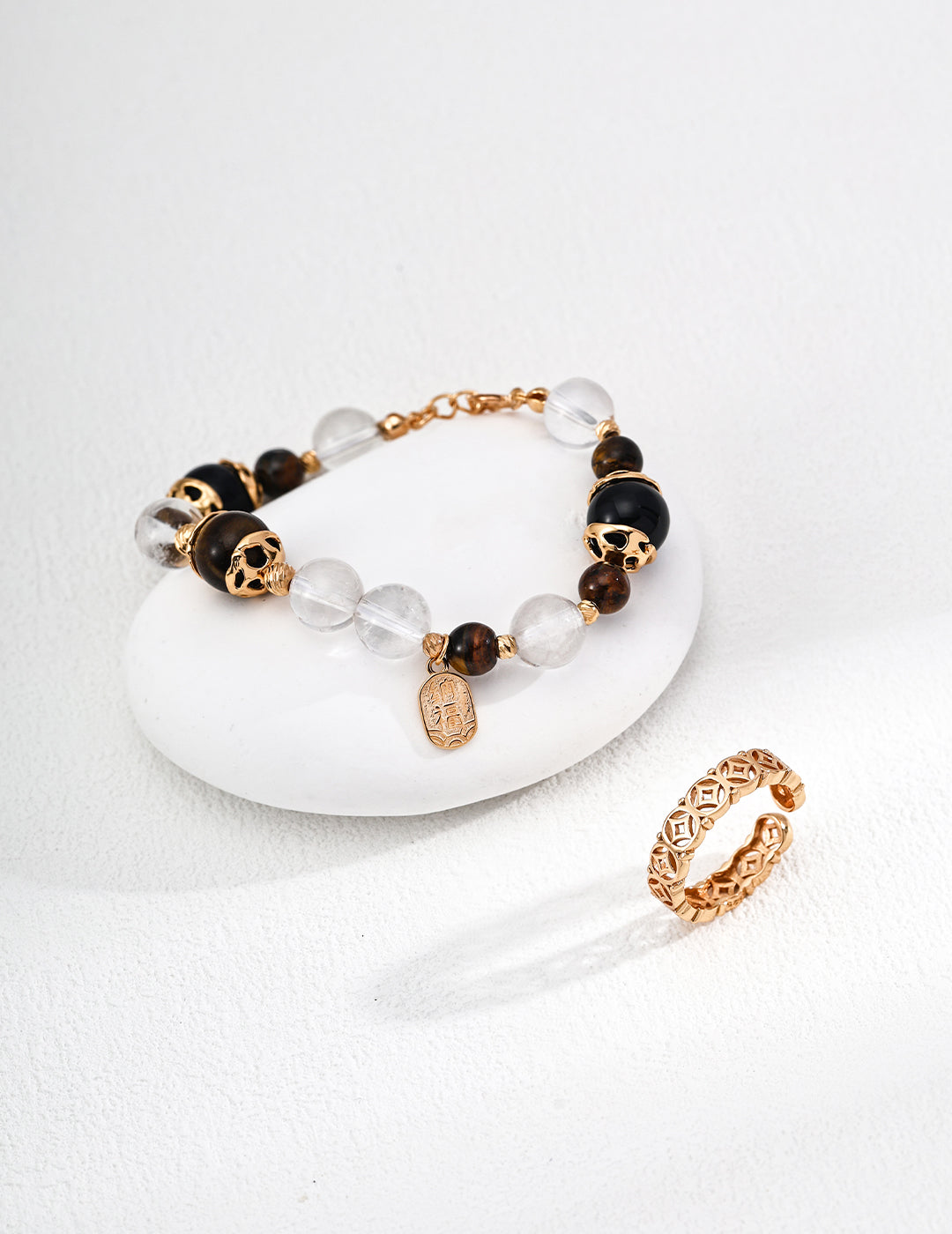 S925 Sterling Silver Tiger Eye Black Agate Crystal Beaded Bracelet