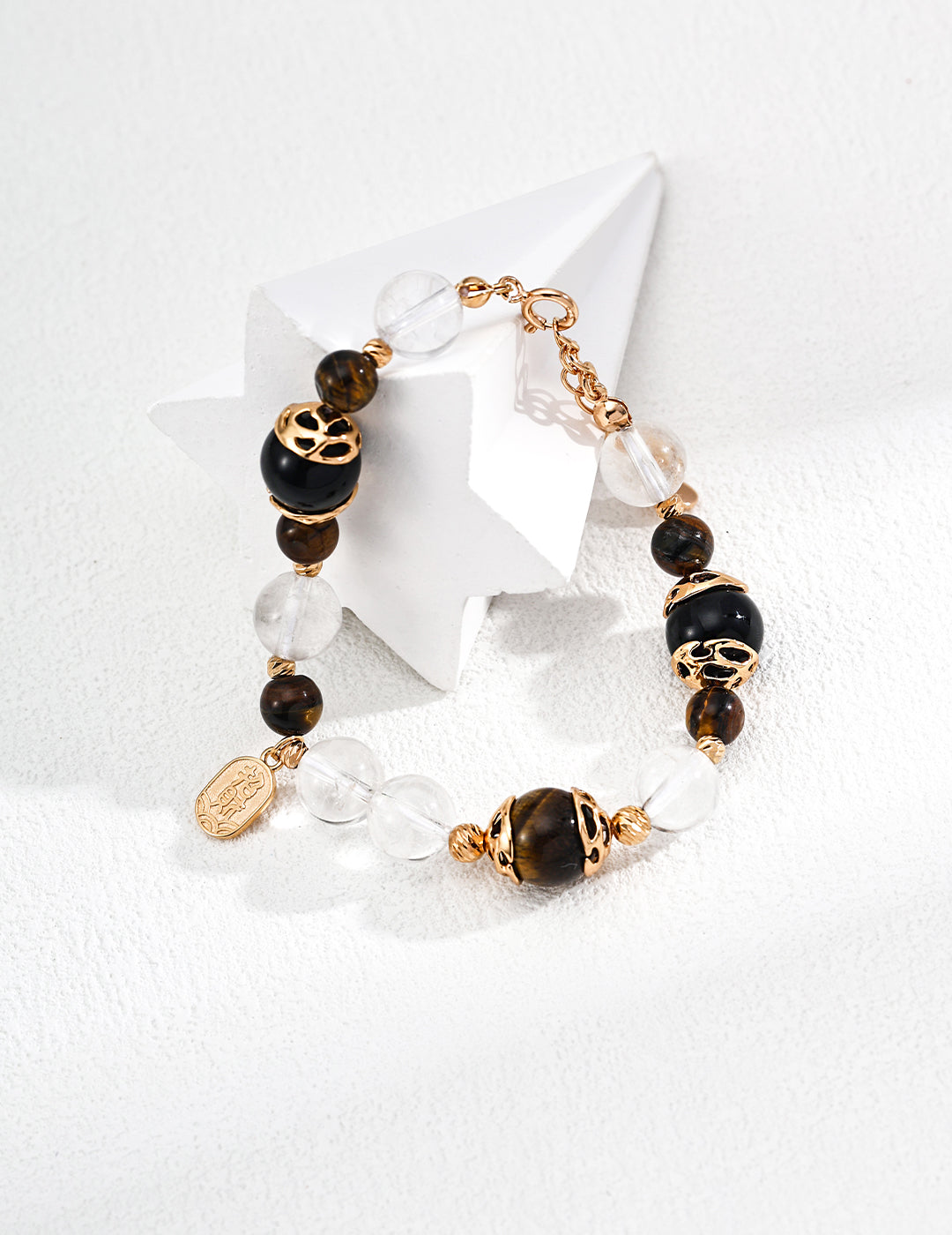 S925 Sterling Silver Tiger Eye Black Agate Crystal Beaded Bracelet