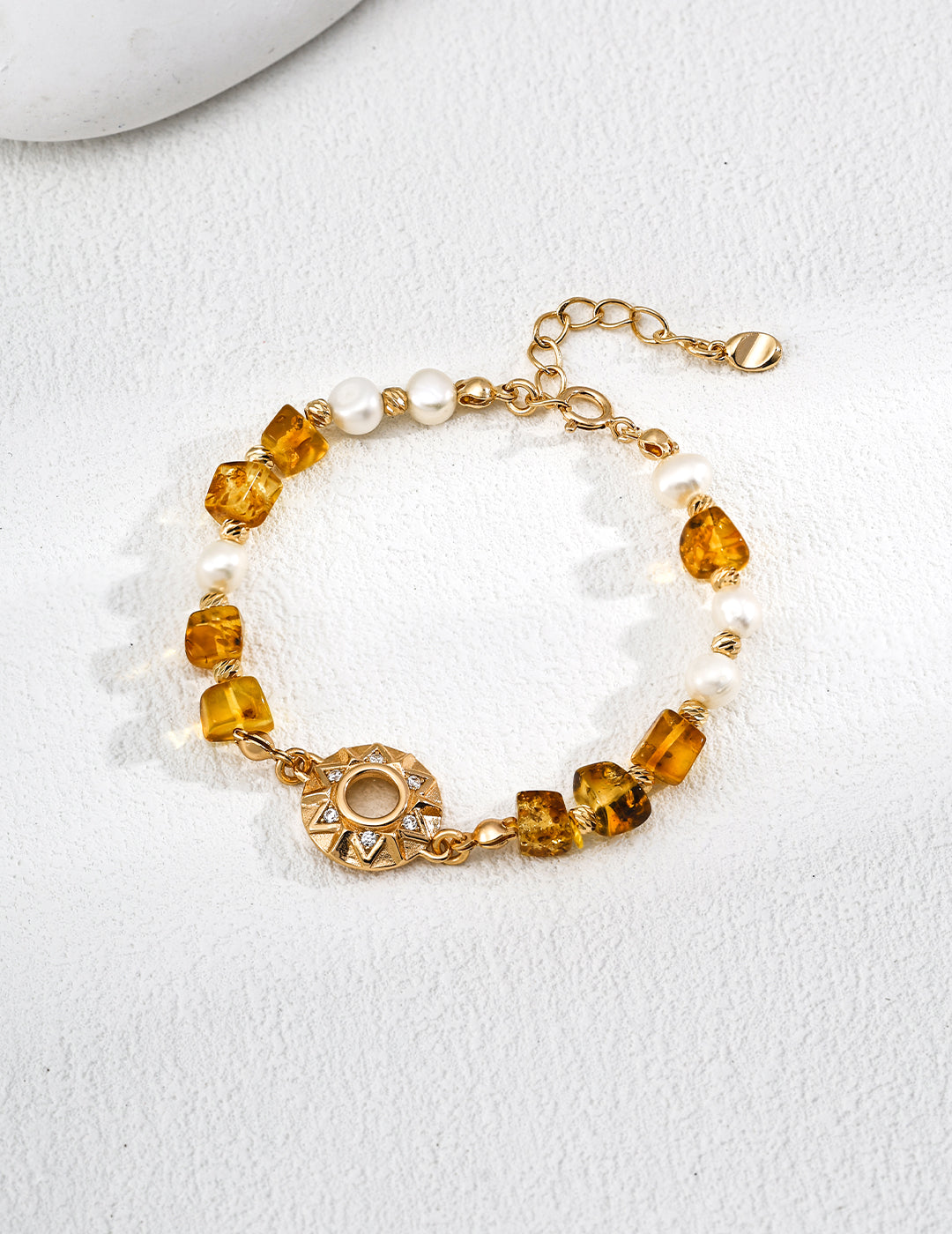 Vintage Amber & Pearl S925 Sterling Silver Bracelet Adjustable