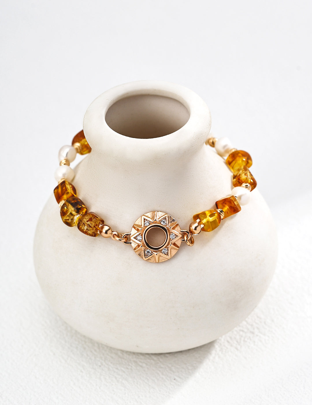 Vintage Amber & Pearl S925 Sterling Silver Bracelet Adjustable
