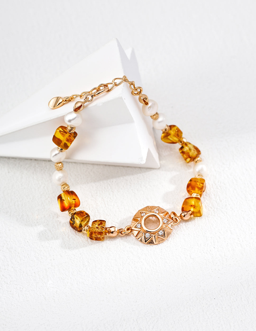 Vintage Amber & Pearl S925 Sterling Silver Bracelet Adjustable