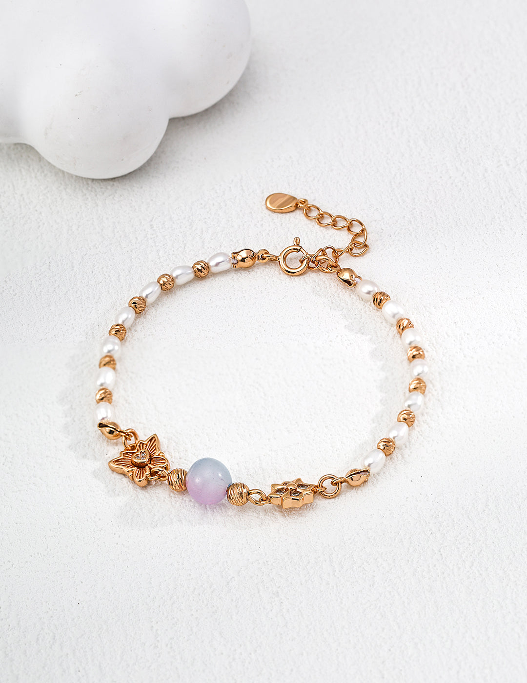 Vintage Gold/Platinum S925 Silver Bracelet with Natural Pearls & Cat's Eye Glass