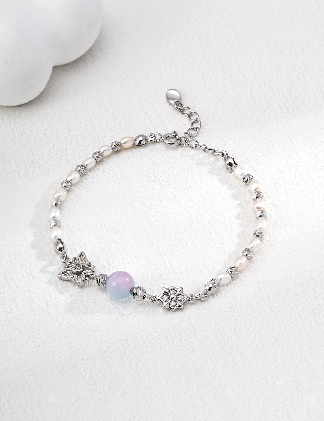 Vintage Gold/Platinum S925 Silver Bracelet with Natural Pearls & Cat's Eye Glass