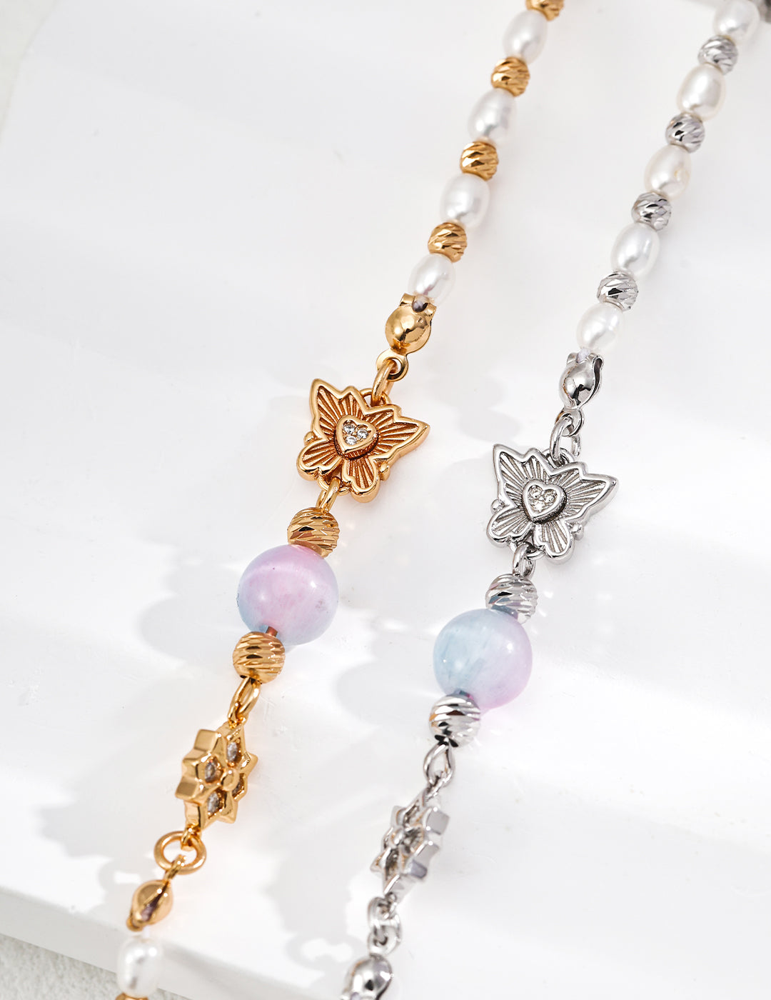 Vintage Gold/Platinum S925 Silver Bracelet with Natural Pearls & Cat's Eye Glass