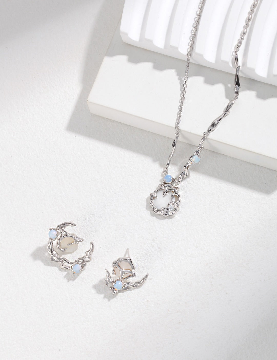 Luxury S925 Silver Asymmetric Earrings | Moonlight Series AB Style | Mother-of-Pearl & Opal