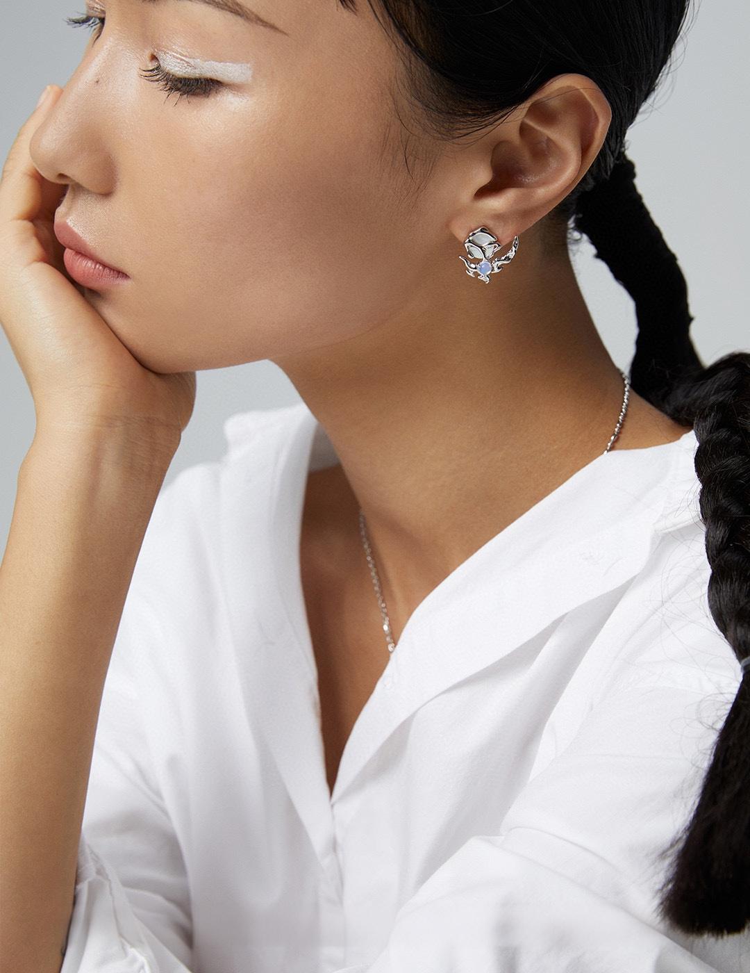 Luxury S925 Silver Asymmetric Earrings | Moonlight Series AB Style | Mother-of-Pearl & Opal
