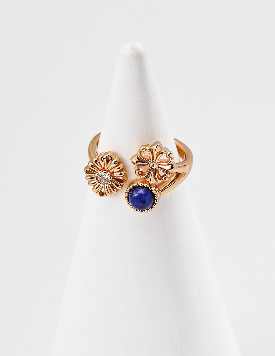 Vintage Gold Lapis Lazuli Daisy Ring & Pearl Bracelet Set