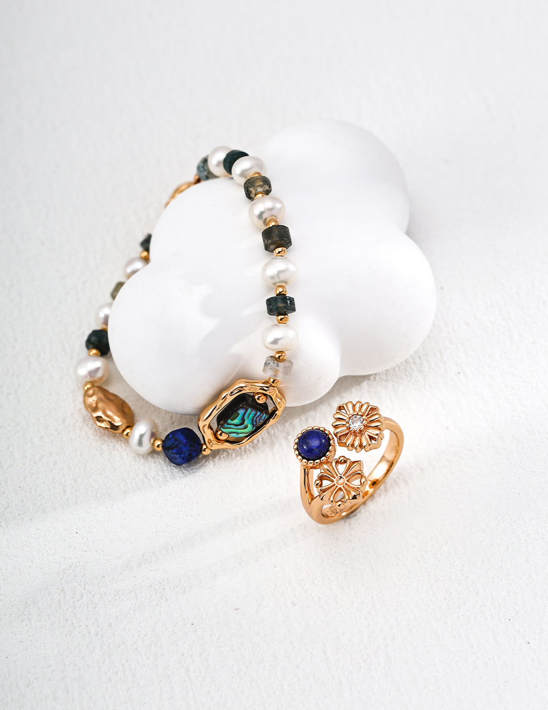 Vintage Gold Lapis Lazuli Daisy Ring & Pearl Bracelet Set