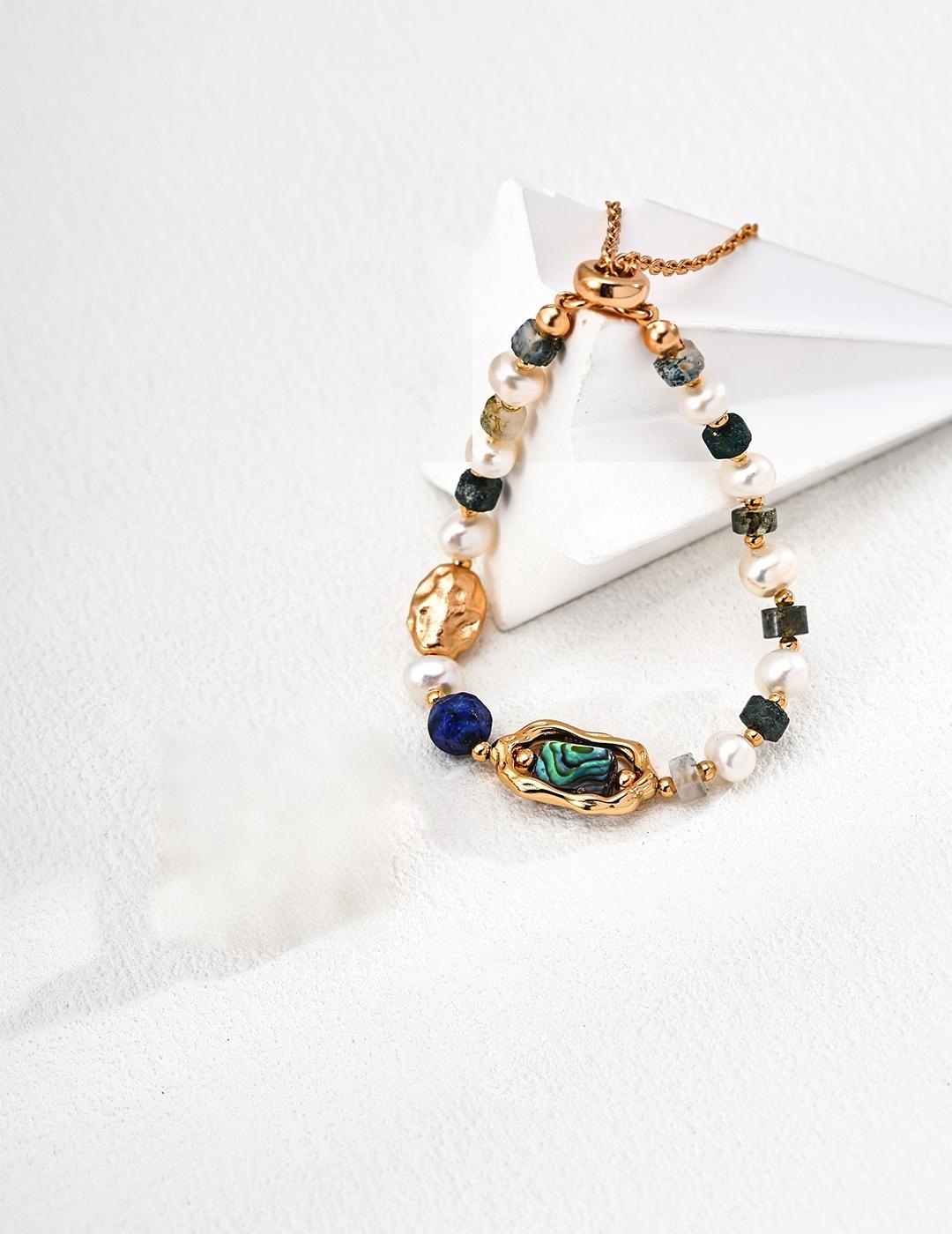 Vintage Gold Lapis Lazuli Daisy Ring & Pearl Bracelet Set