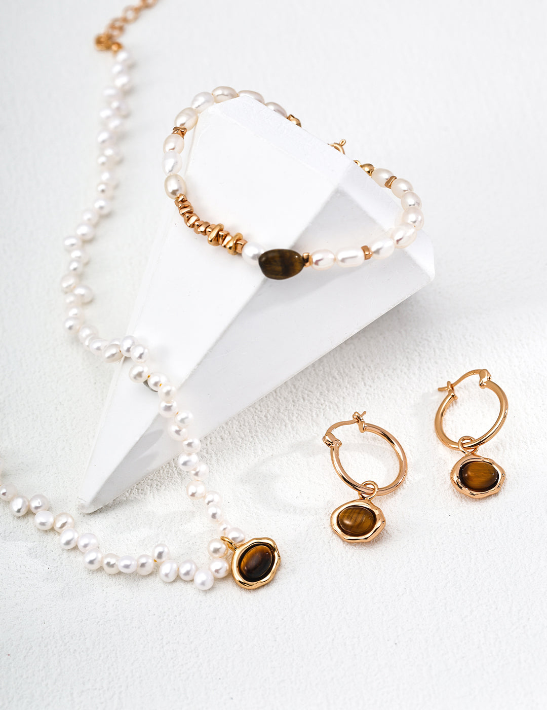 Vintage Gold Tiger Eye Jewelry Set｜S925 Silver Necklace + Bracelet + Earrings｜Elegant French Chic Style