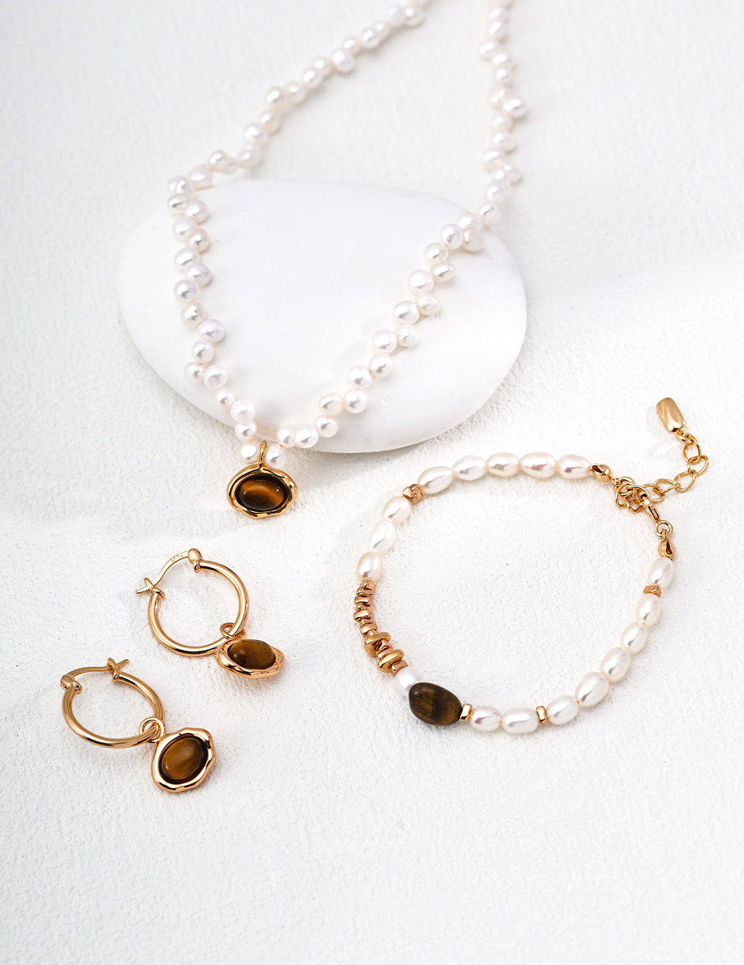 Vintage Gold Tiger Eye Jewelry Set｜S925 Silver Necklace + Bracelet + Earrings｜Elegant French Chic Style