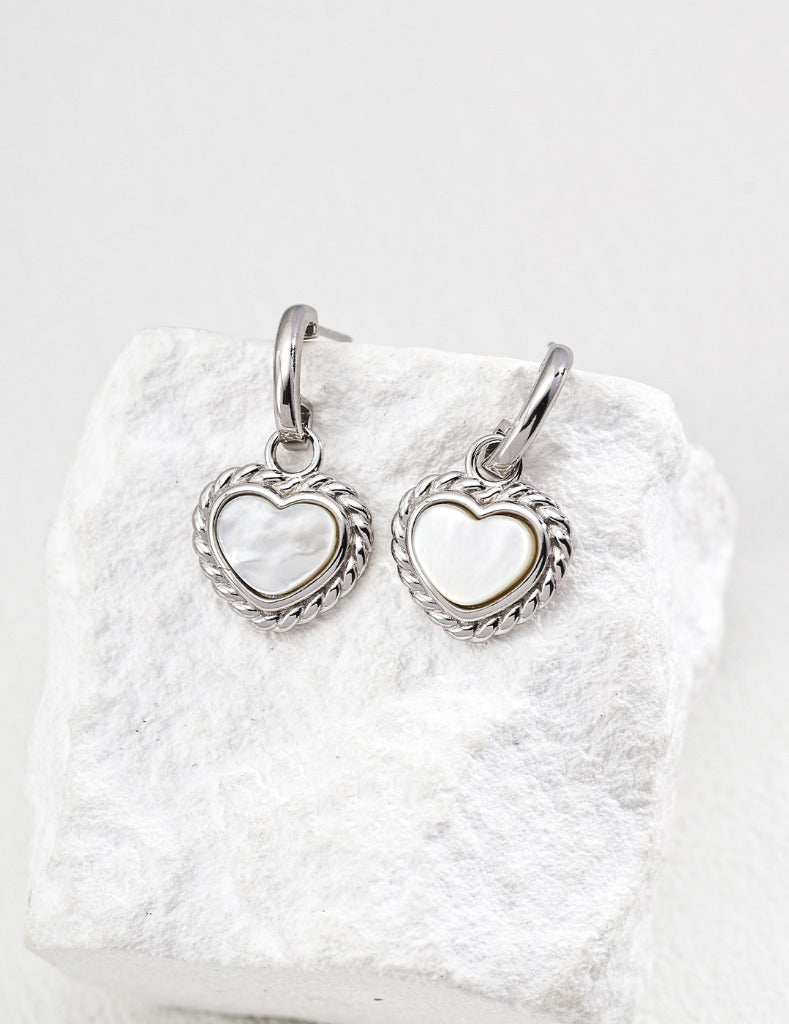 Vintage S925 Sterling Silver Mother-of-Pearl Heart Drop Earrings