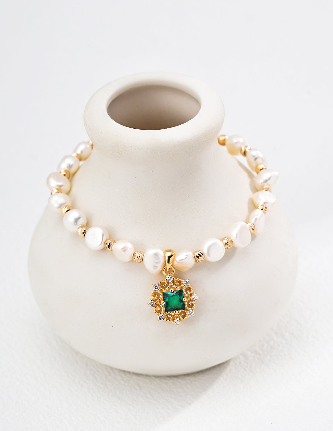 【Vintage Jewelry Set】925 Sterling Silver Gold-Plated Necklace & Bracelet with Green Gem Pendant | Elegant Gift